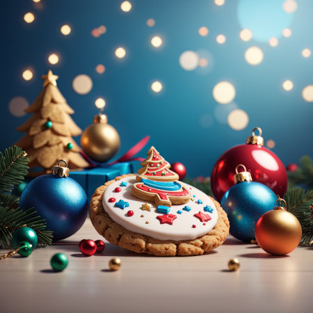 image that captures the essence of the Christmas season with gingerbread cookies beautifully decorated with white icing and colorful candies against a backdrop of twinkling Christmas decorations.の素材