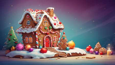 image that captures the essence of the Christmas season with a gingerbread house and beautifully decorated cookies. The gingerbread house, decorated with white icing and colorful candies against a backdrop of twinkling Christmas decorations.の素材
