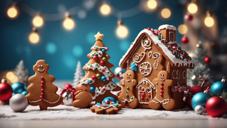 image that captures the essence of the Christmas season with a gingerbread house and beautifully decorated cookies. The gingerbread house, decorated with white icing and colorful candies against a backdrop of twinkling Christmas decorations.の素材