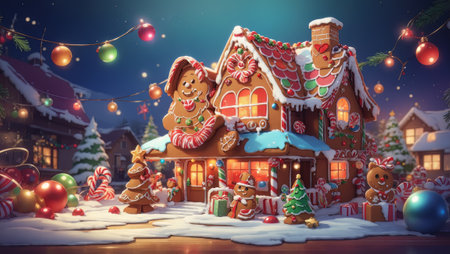 image that captures the essence of the Christmas season with a gingerbread house and beautifully decorated cookies. The gingerbread house, decorated with white icing and colorful candies against a backdrop of twinkling Christmas decorations.の素材