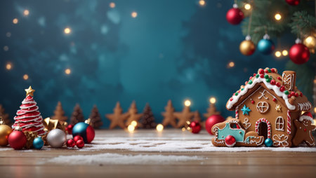 image that captures the essence of the Christmas season with a gingerbread house and beautifully decorated cookies. The gingerbread house, decorated with white icing and colorful candies against a backdrop of twinkling Christmas decorations.の素材