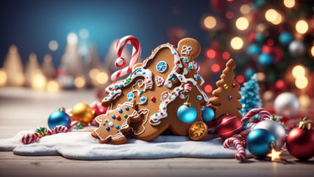 image that captures the essence of the Christmas season with gingerbread cookies beautifully decorated with white icing and colorful candies against a backdrop of twinkling Christmas decorations.の素材