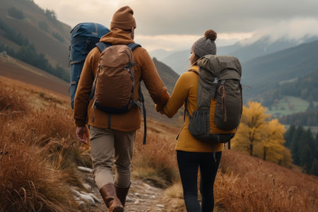 A pair of adventurers embark on a journey through a forest painted with autumn's vibrant hues. Their backpacks and caps hint at a day spent embracing nature's wondersの素材