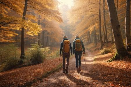 A pair of adventurers embark on a journey through a forest painted with autumn's vibrant hues. Their backpacks and caps hint at a day spent embracing nature's wondersの素材