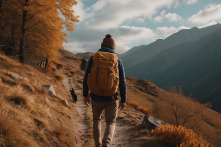 A pair of adventurers embark on a journey through a forest painted with autumn's vibrant hues. Their backpacks and caps hint at a day spent embracing nature's wondersの素材
