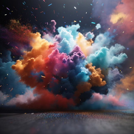 explosion digital art with colorful clouds. Shades range from orange, blue, purple and pink. Gray background, small particles scattered across the image. It conveys a feeling of fantasy, and power.の素材