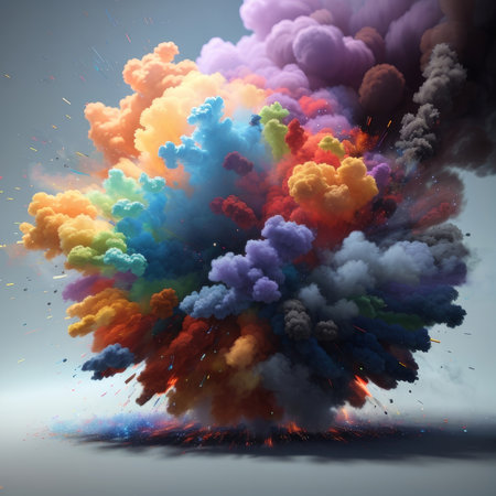 explosion digital art with colorful clouds. Shades range from orange, blue, purple and pink. Gray background, small particles scattered across the image. It conveys a feeling of fantasy, and power.の素材