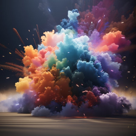 explosion digital art with colorful clouds. Shades range from orange, blue, purple and pink. Gray background, small particles scattered across the image. It conveys a feeling of fantasy, and power.の素材