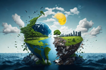 The two parts of our world, on one side an ecological and clean life, and on the other full of unrecycled waste and pollutionの素材