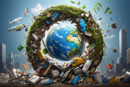 Many wastes thrown around planet Earth show the need for recycling and a change in lifestyle towards a more sustainable and clean approachの素材