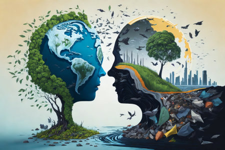 The two parts of our world, on one side an ecological and clean life, and on the other full of unrecycled waste and pollutionの素材