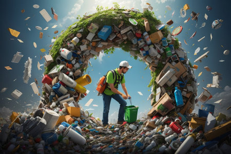 Illustration about the need to recycle all our waste. Containers, streets, everything is saturated with plastics and waste that we create in our societyの素材