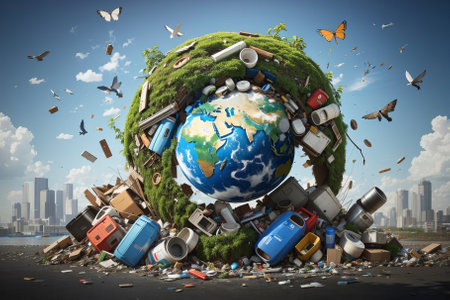 Many wastes thrown around planet Earth show the need for recycling and a change in lifestyle towards a more sustainable and clean approachの素材