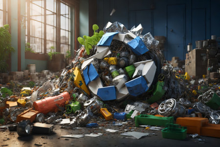 Illustration about the need to recycle all our waste. Containers, streets, everything is saturated with plastics and waste that we create in our societyの素材