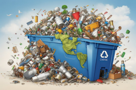 Illustration about the need to recycle all our waste. Containers, streets, everything is saturated with plastics and waste that we create in our societyの素材
