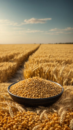 Close-up of a bowl with wheat grains and in the background a wheat field and out-of-focus sky. Vertical format, perfect for advertising.の素材