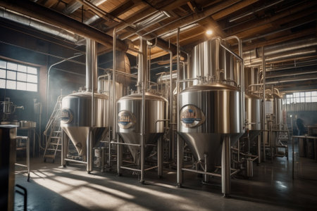 Illustration of a beer factory with truncated conical fermenters and their pipes to ferment the beerの素材