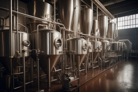 Illustration of a beer factory with truncated conical fermenters and their pipes to ferment the beerの素材