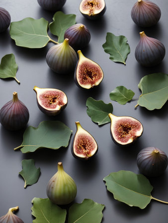 Figs with some cut showing the inside and leaves on a well-lit gray backgroundの素材