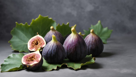 Figs with some cut showing the inside and leaves on a well-lit gray backgroundの素材