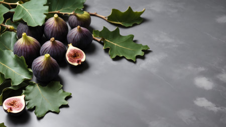 Figs with some cut showing the inside and leaves on a well-lit gray backgroundの素材