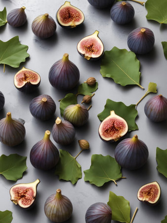 Figs with some cut showing the inside and leaves on a well-lit gray backgroundの素材