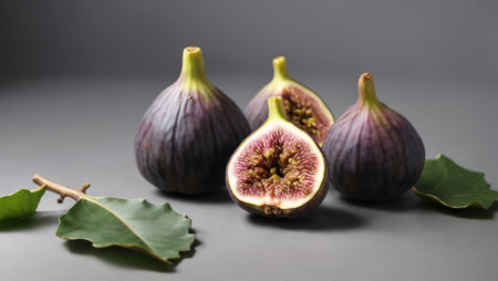 Figs with some cut showing the inside and leaves on a well-lit gray backgroundの素材