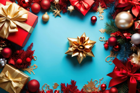 variety of Christmas gifts and decorations arranged on a blue background. The gifts are wrapped with ribbons and bows. Decorations include gold and red balls, garlands, etc.の素材