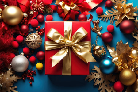 variety of Christmas gifts and decorations arranged on a blue background. The gifts are wrapped with ribbons and bows. Decorations include gold and red balls, garlands, etc.の素材
