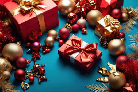 variety of Christmas gifts and decorations arranged on a blue background. The gifts are wrapped with ribbons and bows. Decorations include gold and red balls, garlands, etc.の素材