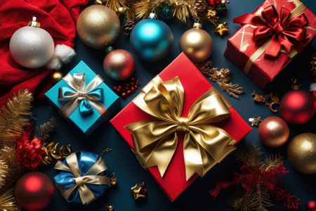 variety of Christmas gifts and decorations arranged on a blue background. The gifts are wrapped with ribbons and bows. Decorations include gold and red balls, garlands, etc.の素材