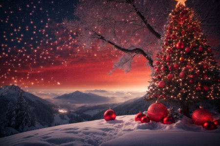 Beautiful rendering of a snowy Christmas scene with a large decorated tree and a stunning landscape view in the background. Magical and cozy vision that captures the essence of the Christmas season.の素材