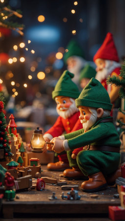 Miniature version of Santa Claus's workshop with elves working on toys and decorations. It is a charming and detailed representation of the magic of Christmas. Bokeh blur and Christmas spiritの素材