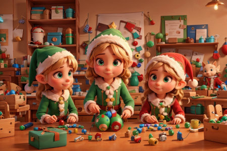 3D rendered image of elves working in a toy workshop. The elves are dressed in traditional green and red costumes and are working on the toys. The workshop is full of various toys and decorationsの素材