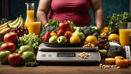 overweight woman surrounded by a variety of fruits and vegetables. The idea conveys the challenge of taking care of yourself with a healthy diet and the importance of balance in your diet.の素材