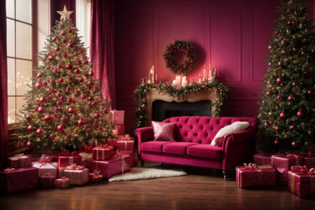 Christmas in a warm and cozy home. The purple living room is beautifully decorated with Christmas trees, garlands and gifts, radiating festive cheer and creating the perfect atmosphere for Christmas.の素材
