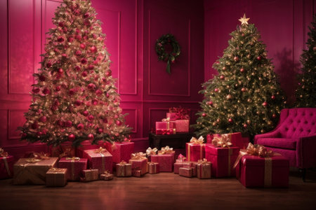Christmas in a warm and cozy home. The purple living room is beautifully decorated with Christmas trees, garlands and gifts, radiating festive cheer and creating the perfect atmosphere for Christmas.の素材