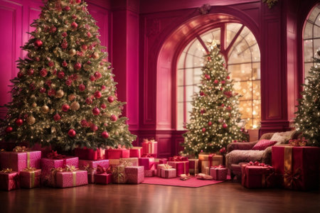 Christmas in a warm and cozy home. The purple living room is beautifully decorated with Christmas trees, garlands and gifts, radiating festive cheer and creating the perfect atmosphere for Christmas.の素材