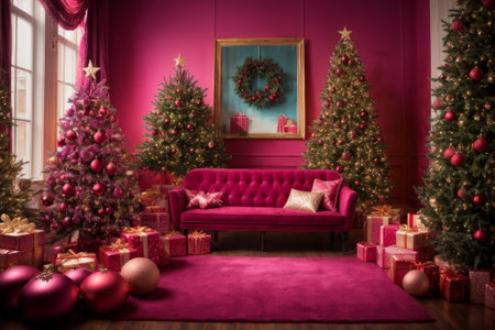 Christmas in a warm and cozy home. The purple living room is beautifully decorated with Christmas trees, garlands and gifts, radiating festive cheer and creating the perfect atmosphere for Christmas.の素材