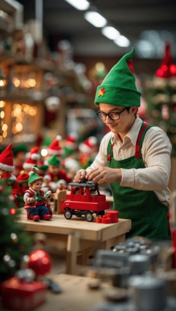 Santa Claus's workshop with elves working as if it were a factory, on toys and decorations. It is a charming and detailed representation of the magic of Christmas. Bokeh blur and Christmas spirit.の素材