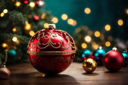 Closeup detail of a decorative Christmas ball with defocused lights background with a nice bokeh.の素材