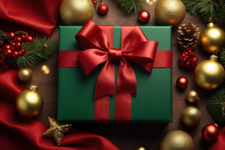 Composition for photo with Christmas gifts and decorations on a flat background. Perfect for Christmas marketing and advertising. Christmas colors like gold and red dominate the image.の素材