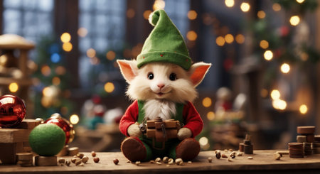 Charming little elf animal posing for the Christmas photo with its green hatの素材