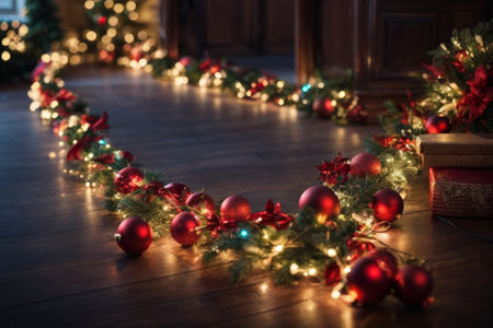 Christmas Tree and Ornaments with their lights on the ground and blur in the background give rise to a cozy home at Christmas timeの素材