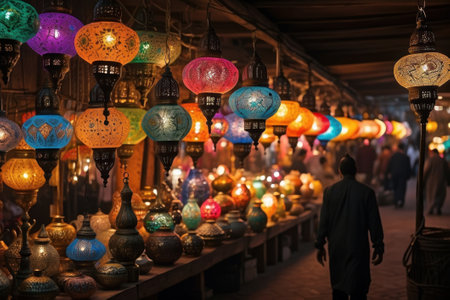 Colorful Turkish lanterns hanging from the ceiling in a market. The lanterns are predominantly blue, orange and gold, and are made of metal with intricate patterns.の素材