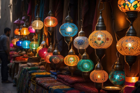 Colorful Turkish lanterns hanging from the ceiling in a market. The lanterns are predominantly blue, orange and gold, and are made of metal with intricate patterns.の素材