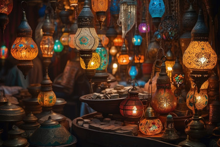 Colorful Turkish lanterns hanging from the ceiling in a market. The lanterns are predominantly blue, orange and gold, and are made of metal with intricate patterns.の素材