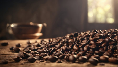 Close-up of coffee beans spilling out of a burlap sack. The grains are dark brown and shiny. The bag is made of a thick woven fabric. The background is a dark wooden surface.の素材