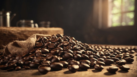 Close-up of coffee beans spilling out of a burlap sack. The grains are dark brown and shiny. The bag is made of a thick woven fabric. The background is a dark wooden surface.の素材