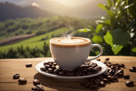 Steaming cup of coffee with roasted coffee beans scattered on a wooden table, in a rustic setting, with a green landscape background.の素材